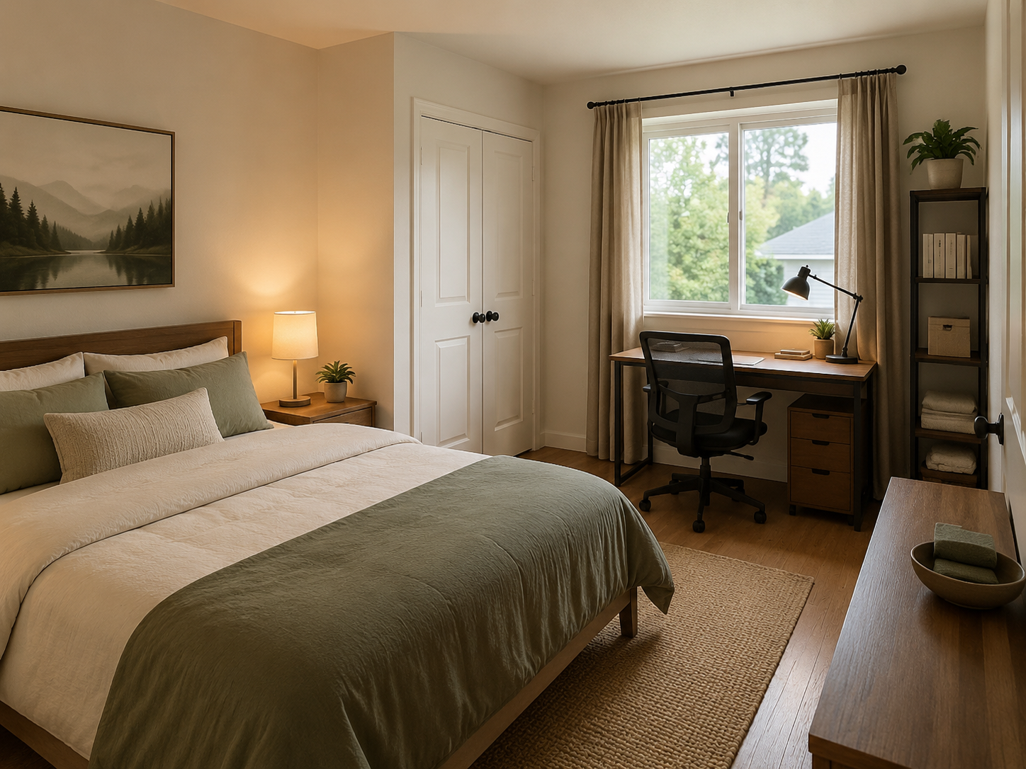 Serene bedroom with a practical home office corner