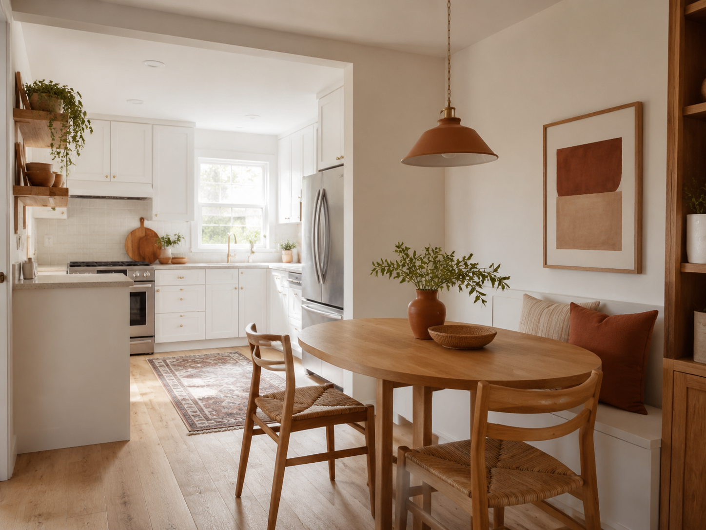 Warm white kitchen with an oak dining table and terracotta accents