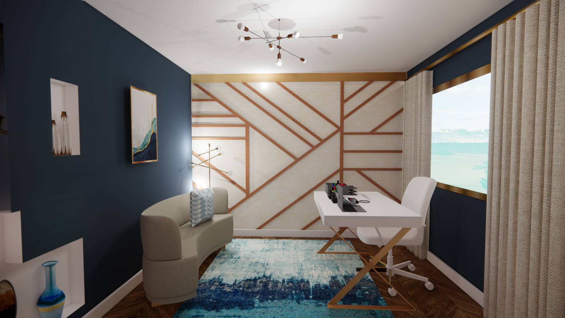 Navy cottage office with geometric feature wall and warm wood desk